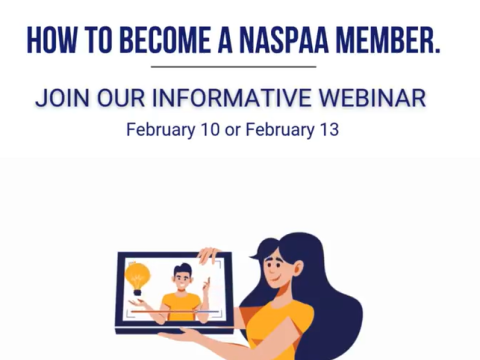 Text stating How to Become a NASPAA Member Join our Informative Webinar February 10 or February 13 , Image with women holding a laptop with a man in the laptops image with a lightbulb