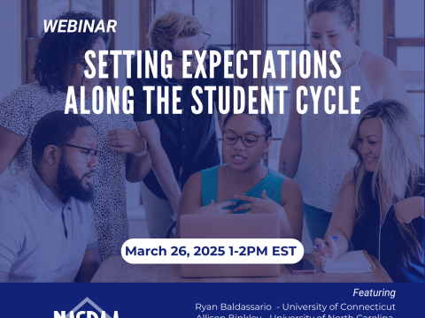 Text Webinar Setting Expectations along the Student Cycle over image of students around a laptop.  March 26,2025 1-2pm ET NASPAA Logo, Name of Participants, Zoom info