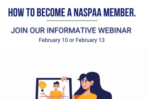 Text stating How to Become a NASPAA Member Join our Informative Webinar February 10 or February 13 , Image with women holding a laptop with a man in the laptops image with a lightbulb